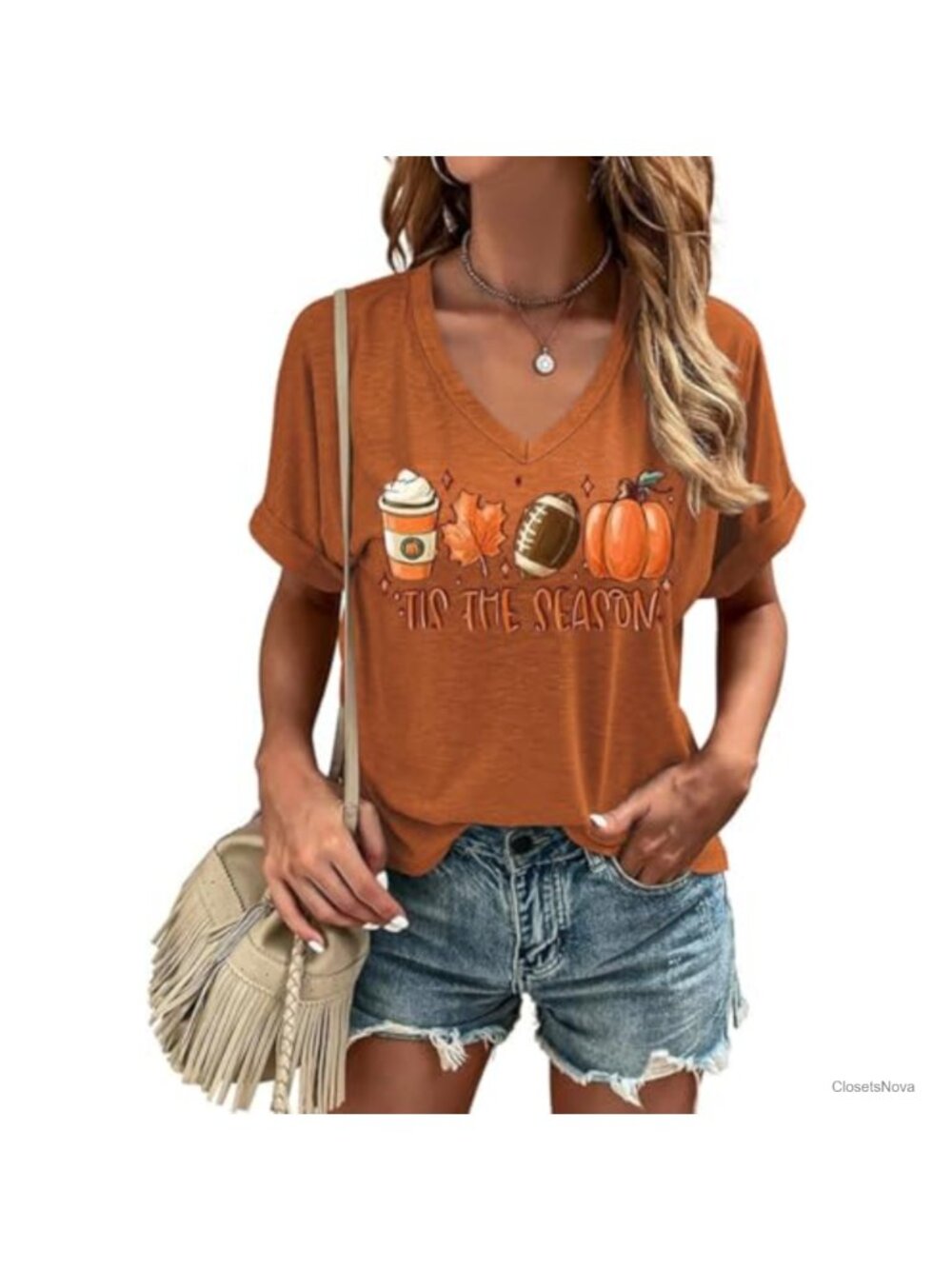 Womens Fall Halloween Thanksgiving V Neck Graphic Tee Casual Loose Fit Shirt